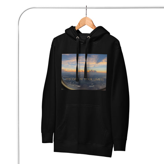 Black hoodie with sunset view from an airplane window. 