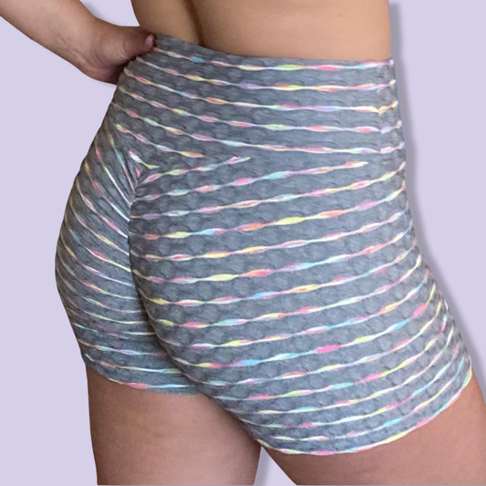 Gray scrunch shorts with rainbow colors
